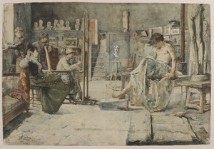 Zoom de l'intérieur de l’atelier Wicar à Rome dessiné en 1874 par Alphonse-Amédée Cordonnier